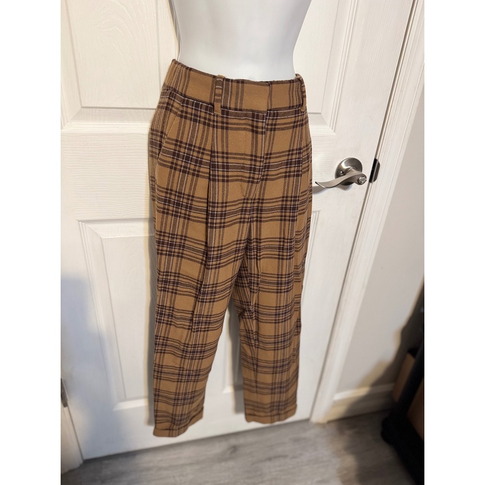 Wilfred Aritzia Brown Tan Plaid Pleated Trousers Pants Wool Blend Size 0